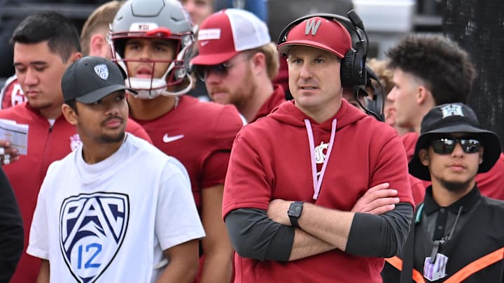 Oct 19, 2024; Pullman, Washington, USA; Washington State Cougars head coach Jake Dickert look son during a game against the Hawaii Warriors in the second half at Gesa Field at Martin Stadium. Mandatory Credit: James Snook-Imagn Images