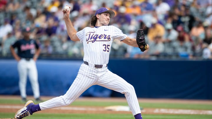 LSU Tigers' Jacob Mayers (35) pitches as Ole Miss Rebels take on LSU Tigers during the SEC baseball tournament at Hoover Met in Birmingham, Ala., on Saturday, May 24, 2025. Ole Miss Rebels defeated LSU Tigers 2-0. LSU Tigers' Jacob Mayers (35) pitches as Ole Miss Rebels take on LSU Tigers during the SEC baseball tournament at Hoover Met in Birmingham, Ala., on Saturday, May 24, 2025. Ole Miss Rebels defeated LSU Tigers 2-0.