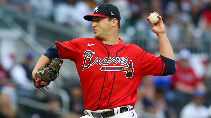 Apr 7, 2023; Atlanta, Georgia, USA; Atlanta Braves starting pitcher Jared Shuster (45) throws