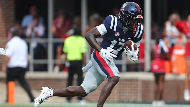Sep 20, 2025; Oxford, Mississippi, USA; Mississippi Rebels wide receiver Winston Watkins (17) runs after a catch during the first quarter against the Tulane Green Wave at Vaught-Hemingway Stadium. Mandatory Credit: Petre Thomas-Imagn Images