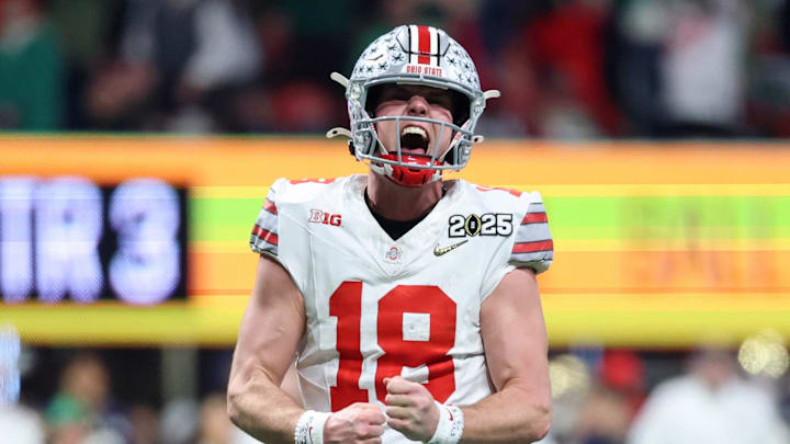 Jan 20, 2025; Atlanta, GA, USA; Ohio State Buckeyes quarterback Will Howard (18) reacts after a play against the Notre Dame Fighting Irish during the second half the CFP National Championship college football game at Mercedes-Benz Stadium. Mandatory Credit: Mark J. Rebilas-Imagn Images