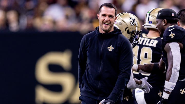 Dec 15, 2024; New Orleans, Louisiana, USA; New Orleans Saints quarterback Derek Carr (4) after a touchdown against the Washington Commanders during the second half at Caesars Superdome. Mandatory Credit: Stephen Lew-Imagn Images Dec 15, 2024; New Orleans, Louisiana, USA; New Orleans Saints quarterback Derek Carr (4) after a touchdown against the Washington Commanders during the second half at Caesars Superdome. Mandatory Credit: Stephen Lew-Imagn Images
