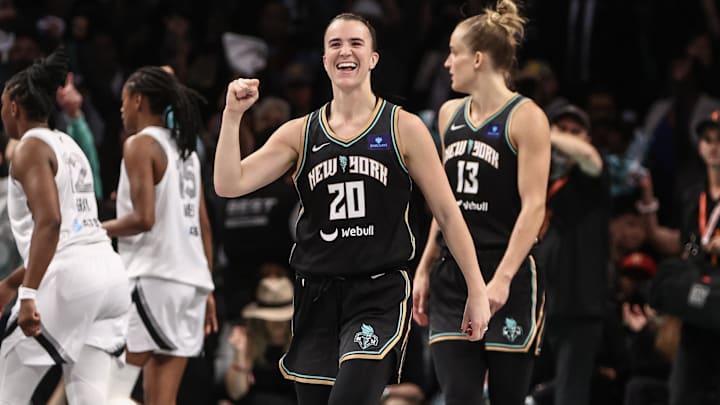 Oct 1, 2024; Brooklyn, New York, USA; New York Liberty guard Sabrina Ionescu (20) celebrates after defeating the Las Vegas Aces 88-84 in game two of the 2024 WNBA Semi-finals at Barclays Center. Mandatory Credit: Wendell Cruz-Imagn Images