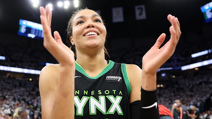 Oct 18, 2024; Minneapolis, Minnesota, USA; Minnesota Lynx forward Napheesa Collier (24) celebrates her teams win after game four of the 2024 WNBA Finals against the New York Liberty at Target Center. 
