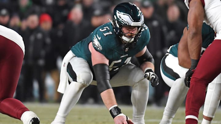 Philadelphia Eagles center Cam Jurgens (51) against the Washington Commanders in the NFC Championship Game. Philadelphia Eagles center Cam Jurgens (51) against the Washington Commanders in the NFC Championship Game.