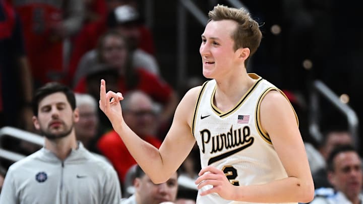 Purdue Boilermakers guard Fletcher Loyer (2) celebrates after making a three-point basket Purdue Boilermakers guard Fletcher Loyer (2) celebrates after making a three-point basket
