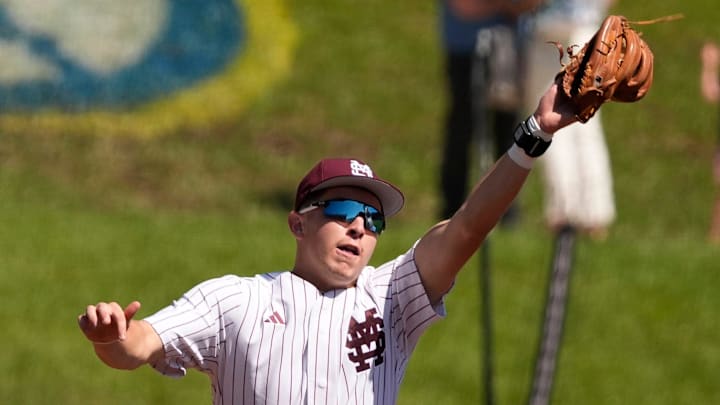 Mississippi State third baseman Ace Reese (3) spears a line drive during the game with Texas A&M in the first round of the SEC Baseball Tournament at the Hoover Met.