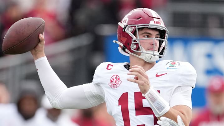 Jan 1, 2026; Pasadena, CA, USA; Alabama Crimson Tide quarterback Ty Simpson (15) passes against the Indiana Hoosiers in the first half of the 2026 Rose Bowl and quarterfinal game of the College Football Playoff at Rose Bowl Stadium. Mandatory Credit: Kirby Lee-Imagn Images