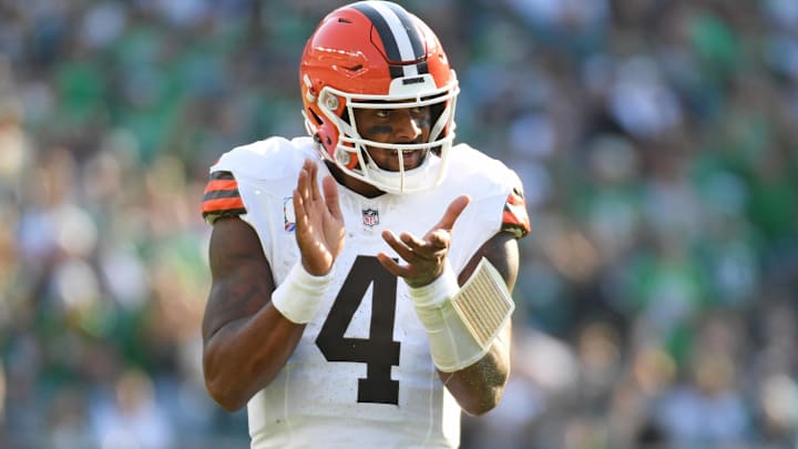 Oct 13, 2024; Philadelphia, Pennsylvania, USA; Cleveland Browns quarterback Deshaun Watson (4) against the Philadelphia Eagles during the fourth quarter at Lincoln Financial Field. Mandatory Credit: Eric Hartline-Imagn Images Oct 13, 2024; Philadelphia, Pennsylvania, USA; Cleveland Browns quarterback Deshaun Watson (4) against the Philadelphia Eagles during the fourth quarter at Lincoln Financial Field. Mandatory Credit: Eric Hartline-Imagn Images