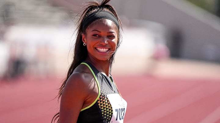 Team USA Red athlete Gabby Thomas (7083) walks the track ahead of the 1600 meter relay invitational at the Clyde Littlefield Texas Relays at Mike A. Myers Stadium. Team USA Red athlete Gabby Thomas (7083) walks the track ahead of the 1600 meter relay invitational at the Clyde Littlefield Texas Relays at Mike A. Myers Stadium.