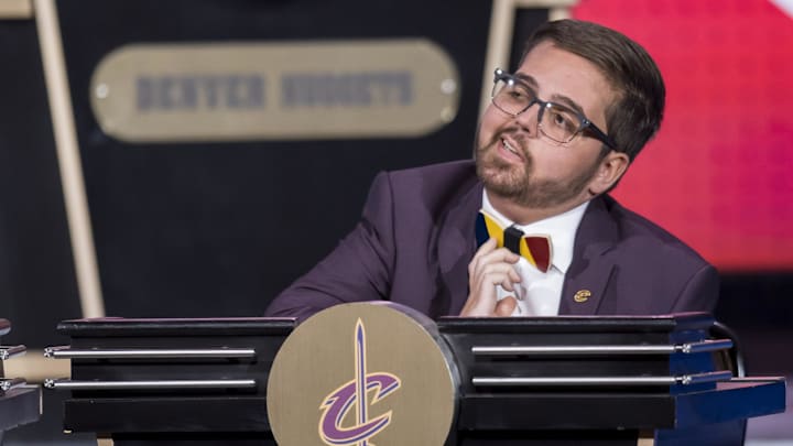 May 15, 2018; Chicago, IL, USA; Son of Cleveland Cavaliers owner Nick Gilbert adjusts his wooden tie during the 2018 NBA Draft Lottery at the Palmer House Hilton. Mandatory Credit: Patrick Gorski-Imagn Images