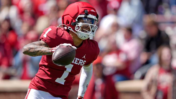 Oklahoma's Isaiah Sategna III (1) celebrates a catch during the Sooners' 2026 Spring Game. Oklahoma's Isaiah Sategna III (1) celebrates a catch during the Sooners' 2026 Spring Game.