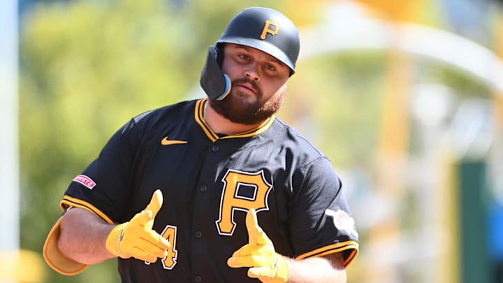 Sep 7, 2024; Pittsburgh, Pennsylvania, USA;   Pittsburgh Pirates pinch hitter Rowdy Tellez (44) celebrates after hitting a pinch-hit home run against the Washin gton Nationals during the seventh inning at PNC Park. The Nationals won the first game of a double header 5-3. Mandatory Credit: Philip G. Pavely-Imagn Images