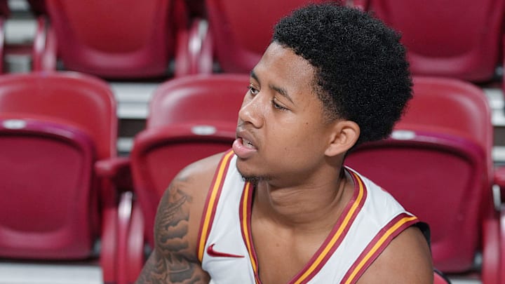 Iowa State Cyclones guard Mason Williams (2) talks to media during the university’s basketball media day at Hilton Coliseum on October. 8, 2025, in Ames, Iowa.