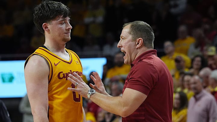 Iowa State Cyclones men's basketball head coach T.J. Otzelberger takes to Iowa State Cyclones guard Nate Heise (0) during the second half against Arizona in the Big-12 men’s basketball showdown at Hilton Coliseum on Saturday March 1, 2025 in Ames, Iowa.