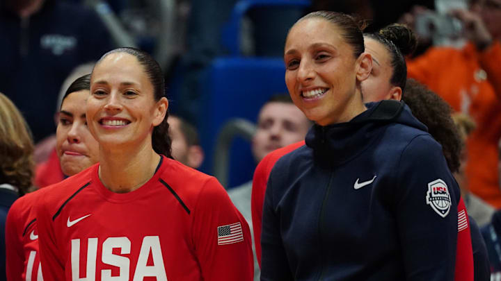Jan 27, 2020; Hartford, Connecticut, USA; 2020 USA Womens National Team guard Sue Bird (6) (left) and 2020 USA Womens National Team guard Diana Taurasi (12) before the game against the UConn Huskies at XL Center. Mandatory Credit: David Butler II-Imagn Images