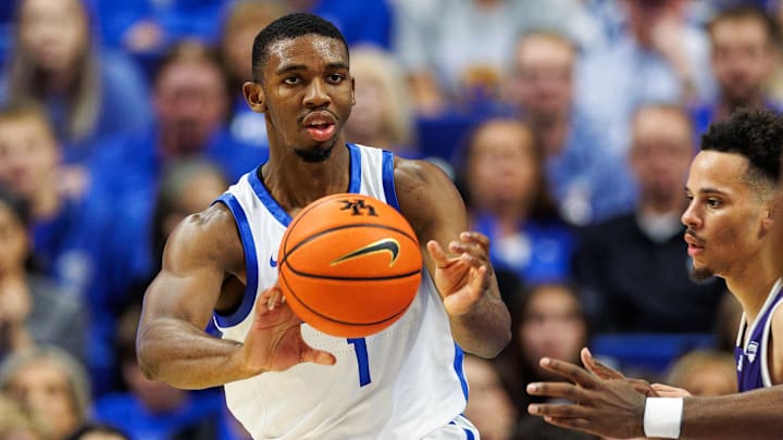 Oct 23, 2024; Lexington, KY, USA; Kentucky Wildcats guard Lamont Butler (1) passes the ball during the first half against the Kentucky Wesleyan Panthers at Rupp Arena at Central Bank Center. Mandatory Credit: Jordan Prather-Imagn Images