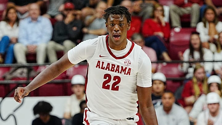 Nov 4, 2024; Tuscaloosa, Alabama, USA; Alabama forward Aiden Sherrell (22) bring the ball up court against UNC Asheville at Coleman Coliseum.