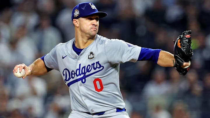 Oct 30, 2024; New York, New York, USA; Los Angeles Dodgers pitcher Jack Flaherty (0) pitches during the first inning against the New York Yankees in game four of the 2024 MLB World Series at Yankee Stadium Oct 30, 2024; New York, New York, USA; Los Angeles Dodgers pitcher Jack Flaherty (0) pitches during the first inning against the New York Yankees in game four of the 2024 MLB World Series at Yankee Stadium