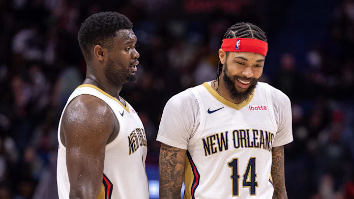 New Orleans Pelicans forward Zion Williamson (1) and forward Brandon Ingram (14) share a laugh after a play against the Los Angeles Lakers during the second half at Smoothie King Center. Mandatory Credit: Stephen Lew-Imagn Images