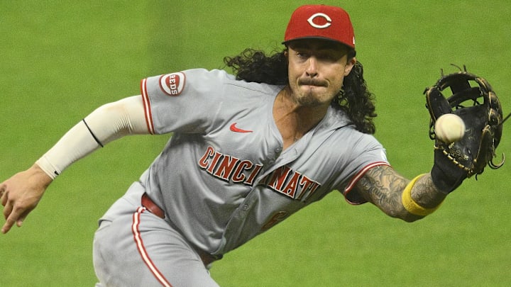 Cincinnati Reds second baseman Jonathan India fields a ground ball against the Cleveland Guardians on Sept. 24 at Progressive Field.