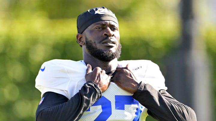 Jul 29, 2024; Los Angeles, CA, USA; Los Angeles Rams cornerback Tre'Davious White (27) looks on during training camp at Loyola Marymount University. Mandatory Credit: Jayne Kamin-Oncea-Imagn Images