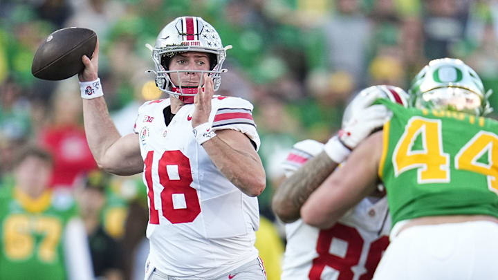 Ohio State Buckeyes quarterback Will Howard (18) throws during the first half of the College Football Playoff quarterfinal against the Oregon Ducks at the Rose Bowl in Pasadena, Calif. on Jan. 1, 2025.