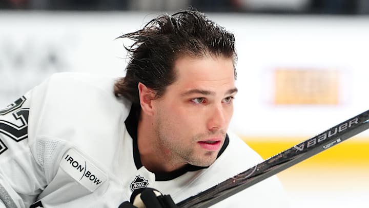 Feb 5, 2026; Las Vegas, Nevada, USA; Los Angeles Kings left wing Kevin Fiala (22) warms up before a game against the Vegas Golden Knights at T-Mobile Arena. Mandatory Credit: Stephen R. Sylvanie-Imagn Images