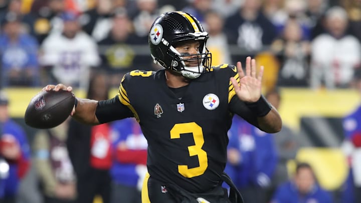 Oct 28, 2024; Pittsburgh, Pennsylvania, USA; Pittsburgh Steelers quarterback Russell Wilson (3) passes against the New York Giants during the first quarter at Acrisure Stadium. Mandatory Credit: Charles LeClaire-Imagn Images