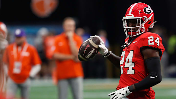 Georgia defensive back Malaki Starks (24) warms up before the start of the NCAA Aflac Kickoff Game in Atlanta, on Saturday, Aug. 31, 2024.
