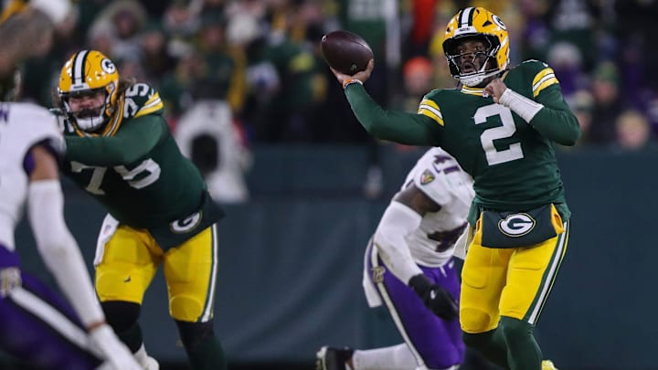 Green Bay Packers quarterback Malik Willis (2) passes the ball against the Baltimore Ravens on Saturday, December 27, 2025, at Lambeau Field in Green Bay, Wis.
