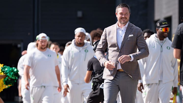 Oregon head coach Dan Lanning leads his team during the entry walk as the Oregon Ducks host the Montana State Bobcats on Aug. 30, 2025, at Autzen Stadium in Eugene, Oregon.