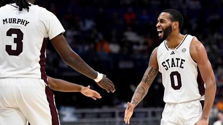 Mississippi State guard Claudell Harris Jr. (0) celebrates after making a basket against LSU during a NCAA college basketball first round game at the men’s Southeastern Conference Tournament Wednesday, March 12, 2025, in Nashville, Tenn.