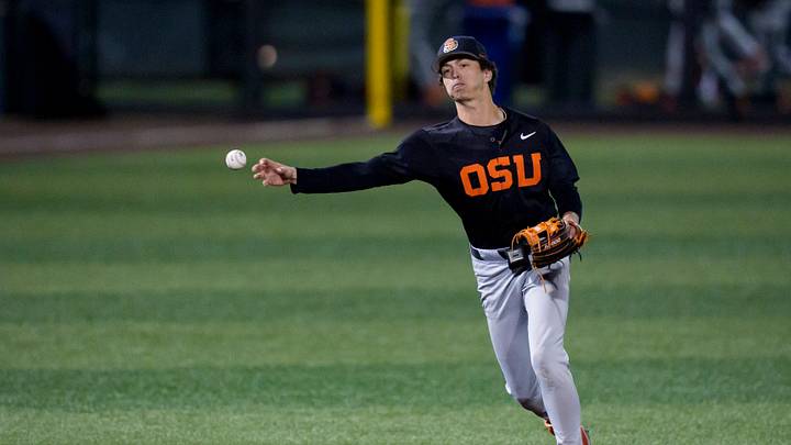 Oregon State infielder Tyler Inge throws to first for the final out of the game as the Oregon Ducks host the Oregon State Beavers on March 3, 2026, at PK Park in Eugene, Oregon. Oregon State infielder Tyler Inge throws to first for the final out of the game as the Oregon Ducks host the Oregon State Beavers on March 3, 2026, at PK Park in Eugene, Oregon.