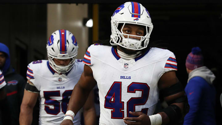 Buffalo Bills linebacker Dorian Williams (42) takes the field against the Pittsburgh Steelers at Acrisure Stadium. Buffalo Bills linebacker Dorian Williams (42) takes the field against the Pittsburgh Steelers at Acrisure Stadium.