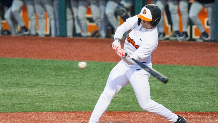 Oregon State's Easton Talt (6) swings the bat during an NCAA college baseball game at Goss Stadium on Friday, March 7, 2025, in Corvallis, Ore.