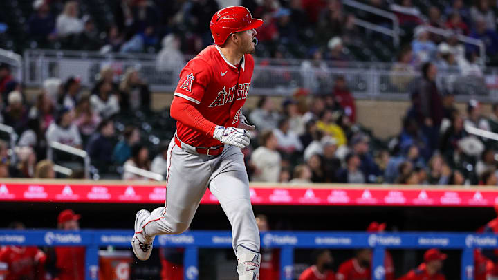 Apr 25, 2025; Minneapolis, Minnesota, USA; Los Angeles Angels designated hitter Mike Trout (27) watches his solo home run against the Minnesota Twins during the seventh inning at Target Field. Mandatory Credit: Matt Krohn-Imagn Images Apr 25, 2025; Minneapolis, Minnesota, USA; Los Angeles Angels designated hitter Mike Trout (27) watches his solo home run against the Minnesota Twins during the seventh inning at Target Field. Mandatory Credit: Matt Krohn-Imagn Images