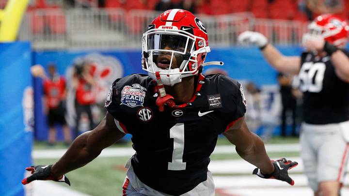 Jan 1, 2021; Atlanta, GA, USA; Georgia wide receiver George Pickens (1) celebrates after scoring a touchdown during the first half of the Peach Bowl NCAA college football game between Georgia and Cincinnati at Mercedes-Benz Stadium in Atlanta., on Saturday, Jan. 1, 2021. Joshua L. Jones-USA TODAY NETWORK/Athens Banner-Herald
Ncaa Football Chick Fil A Peach Bowl Georgia Vs Cincinnati Jan 1, 2021; Atlanta, GA, USA; Georgia wide receiver George Pickens (1) celebrates after scoring a touchdown during the first half of the Peach Bowl NCAA college football game between Georgia and Cincinnati at Mercedes-Benz Stadium in Atlanta., on Saturday, Jan. 1, 2021. Joshua L. Jones-USA TODAY NETWORK/Athens Banner-Herald
Ncaa Football Chick Fil A Peach Bowl Georgia Vs Cincinnati
