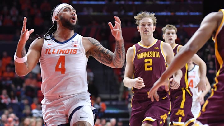Jan 17, 2026; Champaign, Illinois, USA;  Illinois Fighting Illini guard Kylan Boswell (4) loses the ball as he drives the lane during the first half against the Minnesota Golden Gophers  at State Farm Center. Mandatory Credit: Ron Johnson-Imagn Images