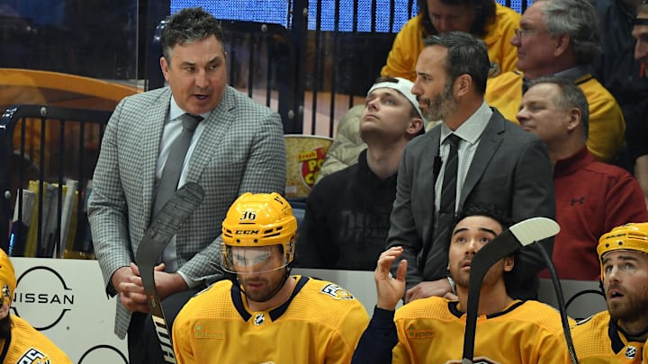 Feb 27, 2024; Nashville, Tennessee, USA; Nashville Predators head coach Andrew Brunette talks with