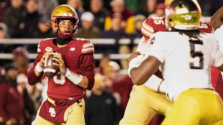 Nov 1, 2025; Chestnut Hill, Massachusetts, USA; Boston College Eagles quarterback Grayson James (3) looks to pass the ball in the fourth quarter against the Notre Dame Fighting Irish at Alumni Stadium. Mandatory Credit: Edward Finan-Imagn Images