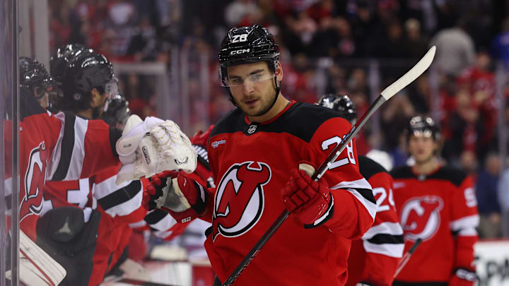 Apr 5, 2025; Newark, New Jersey, USA; New Jersey Devils right wing Timo Meier (28) celebrates his goal against the New York Rangers during the third period at Prudential Center. Mandatory Credit: Ed Mulholland-Imagn Images Apr 5, 2025; Newark, New Jersey, USA; New Jersey Devils right wing Timo Meier (28) celebrates his goal against the New York Rangers during the third period at Prudential Center. Mandatory Credit: Ed Mulholland-Imagn Images