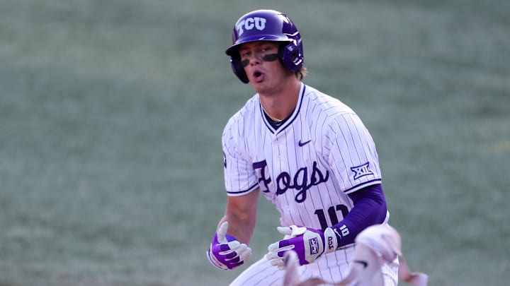 TCU outfielder Sawyer Strosnider reacts during the first game of the series with Baylor last weekend. The Frogs are now ranked in two of the five national polls and receiving votes in two others. 