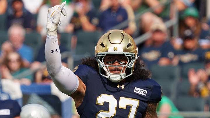 Notre Dame linebacker Kyngstonn Viliamu-Asa celebrates after getting a stop during a NCAA football game against Rice at Notre Dame Stadium on Saturday, Sept. 12, 2026, in South Bend. Notre Dame linebacker Kyngstonn Viliamu-Asa celebrates after getting a stop during a NCAA football game against Rice at Notre Dame Stadium on Saturday, Sept. 12, 2026, in South Bend.