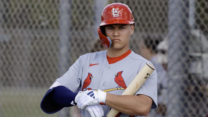 Feb 16, 2026; Jupiter, FL, USA;  St. Louis Cardinals infielder JJ Wetherholt (77) during spring training workouts at Roger Dean Stadium. Mandatory Credit: Reinhold Matay-Imagn Images