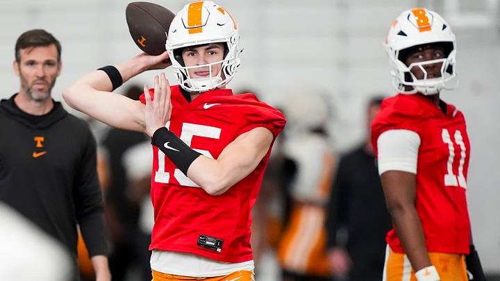 Tennessee quarterback George MacIntyre (15) during the Vols' spring football practice in Knoxville on March 17, 2026. Tennessee quarterback George MacIntyre (15) during the Vols' spring football practice in Knoxville on March 17, 2026.