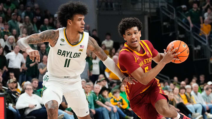 Feb 3, 2024; Waco, Texas, USA; Iowa State Cyclones guard Curtis Jones (5) drives to the basket