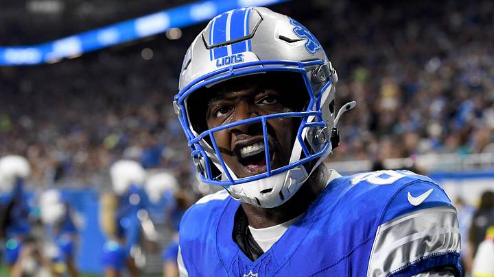 Aug 16, 2025; Detroit, Michigan, USA; Detroit Lions wide receiver Jackson Meeks (83) celebrates after scoring a touchdown against the Miami Dolphins in the second quarter at Ford Field. Mandatory Credit: Eamon Horwedel-Imagn Images
