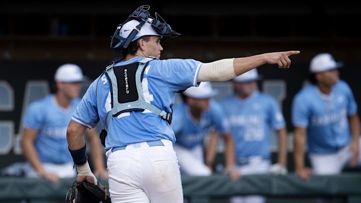 Jun 3, 2024; Chapel Hill, NC, USA;  North Carolina Tar Heels catcher Luke Stevenson (44) reacts to a catch ending the second inning against the Louisiana State Tigers  during the Div. I NCAA baseball regional at Boshamer Stadium.  Mandatory Credit: Jeffrey Camarati-Imagn Images
