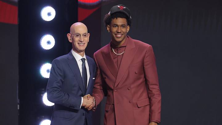 Jun 23, 2026; New York, NY, USA; NBA commissioner Adam Silver and Texas guard Dailyn Swain